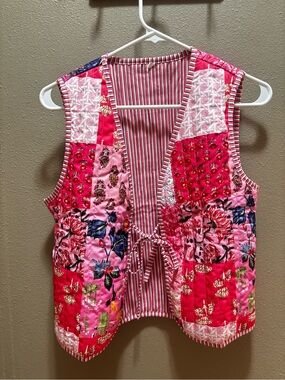 Floral Patchwork Quilted Pink Tie-Front Vest